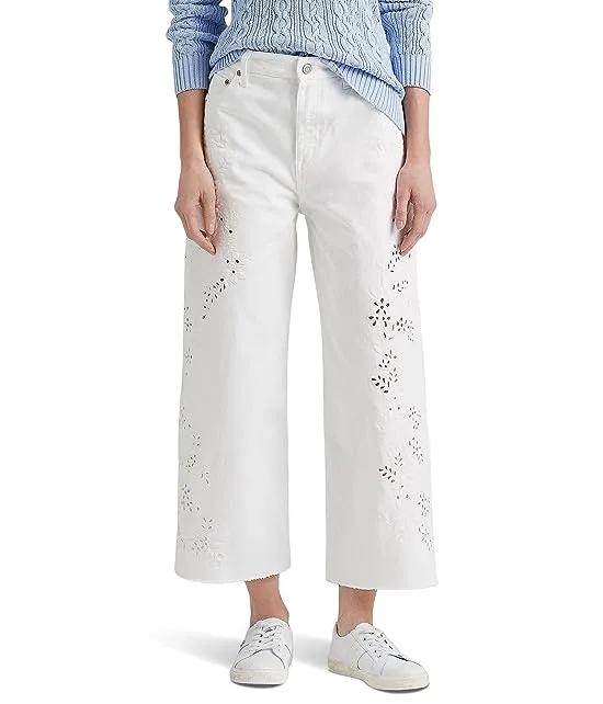 Eyelet High-Rise Wide Leg Cropped Jeans in White Wash