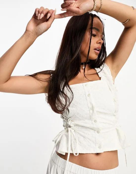 eyelet lace up wide strap corset top in ivory