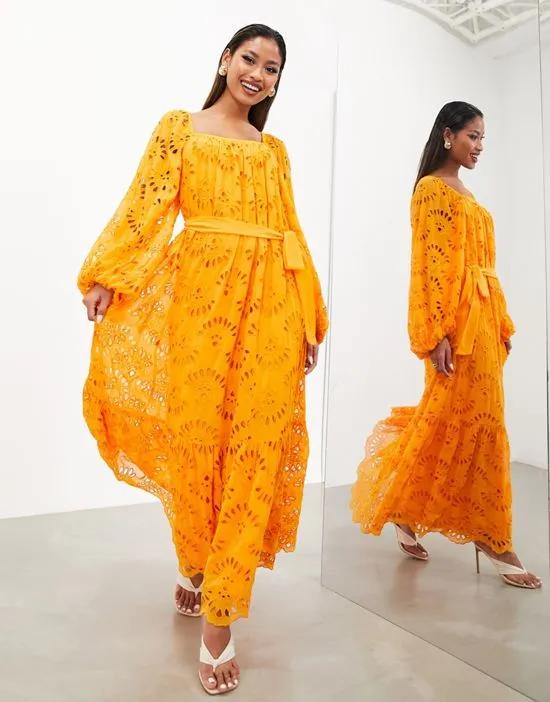 eyelet long sleeve maxi dress with belt in orange