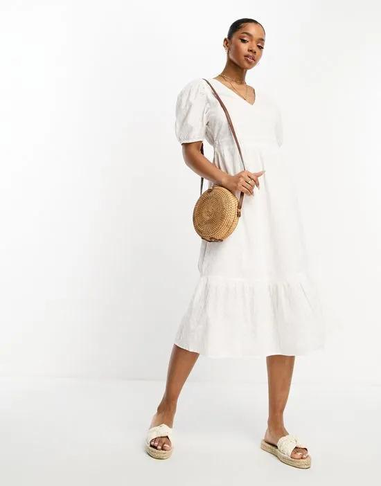 eyelet midi dress with bow back in white