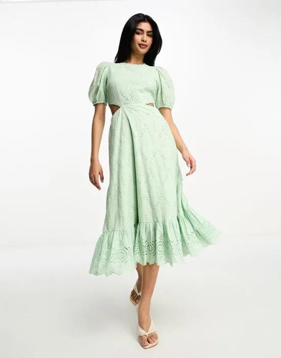 eyelet midi dress with cut out in mint