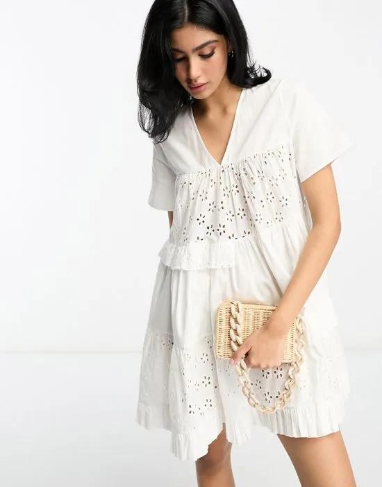 eyelet patched tent mini dress in white