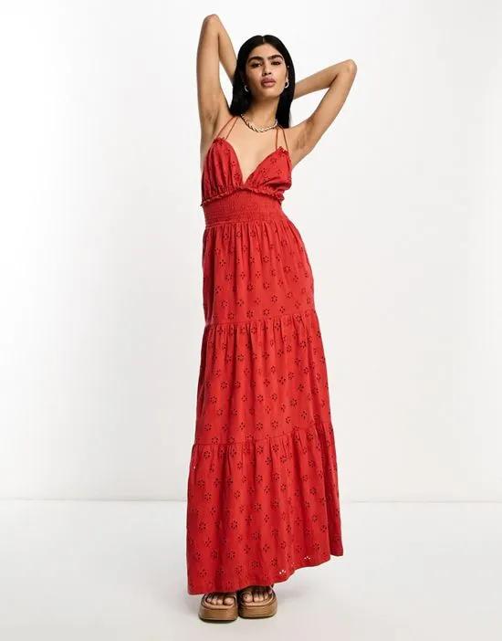 eyelet strappy shirred detail tiered maxi dress in chili red