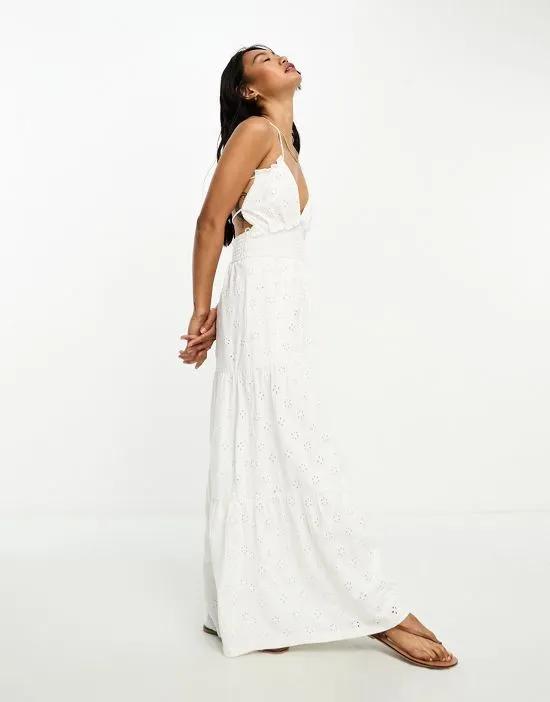 eyelet strappy shirred detail tiered maxi dress in white