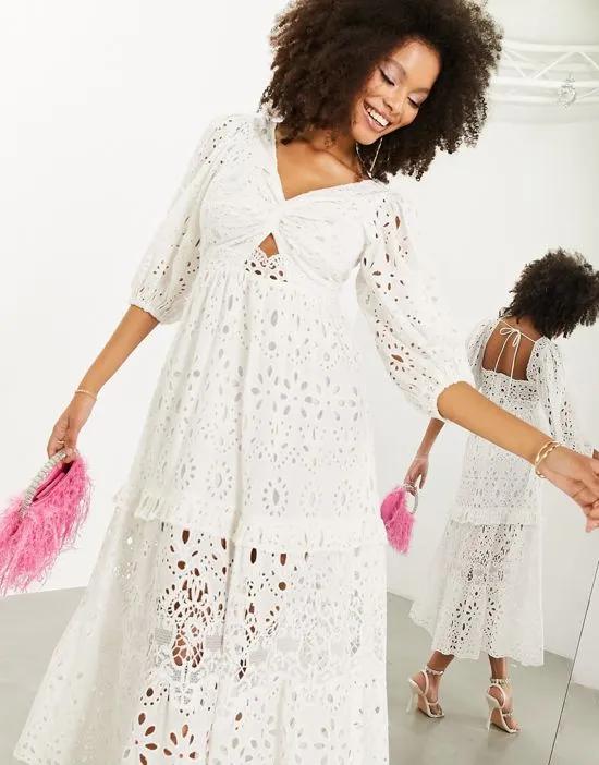 eyelet twist front midi dress with puff sleeve in white