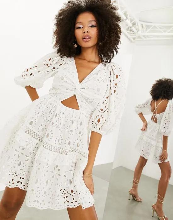 eyelet twist front mini dress with puff sleeve in white