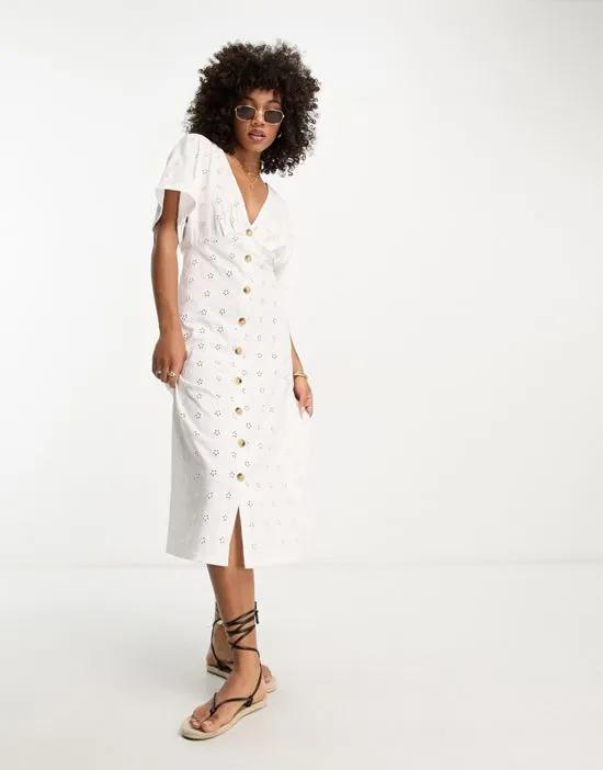 eyelet v neck midi dress with buttons in white