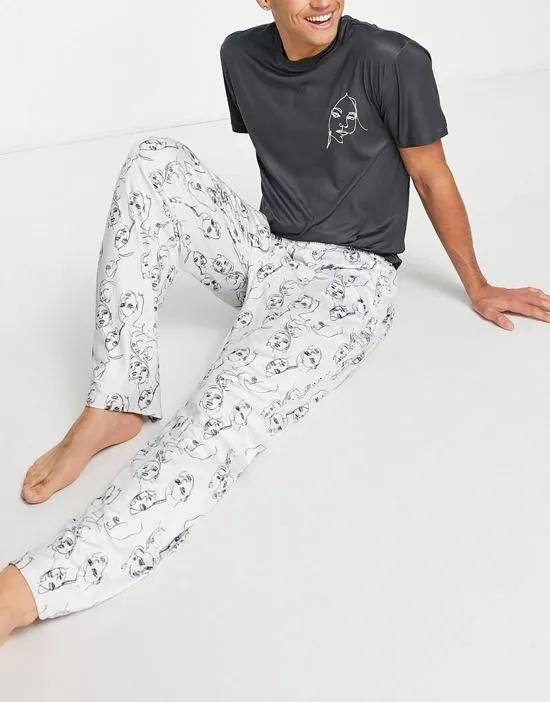 face print long pajama set in black and white