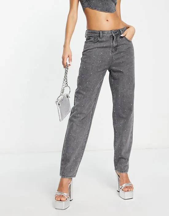Fae high waist mom jean with all over diamante embellishment in acid gray denim - part of a set