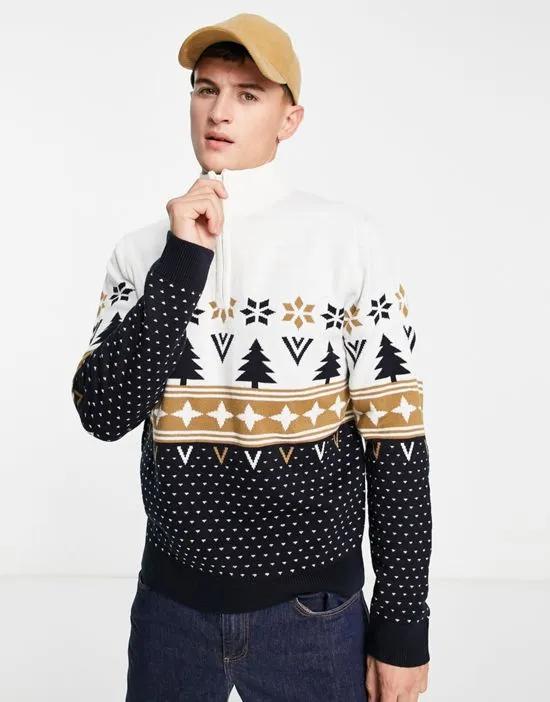 fairisle quarter zip christmas sweater in navy