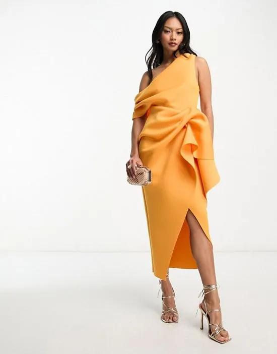 fallen shoulder manipulated tuck body-conscious midi dress in marigold