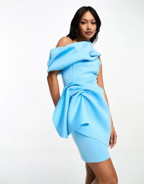 fallen shoulder manipulated tuck mini dress in blue