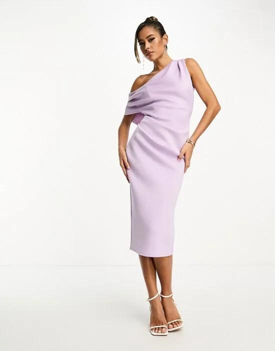 fallen shoulder pleat back midi dress in lilac