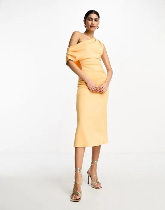 fallen shoulder soft line skater prom midi dress in orange