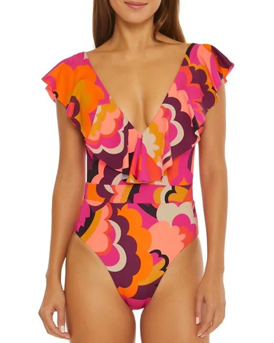 Fan Faire Ruffled Printed Swimsuit