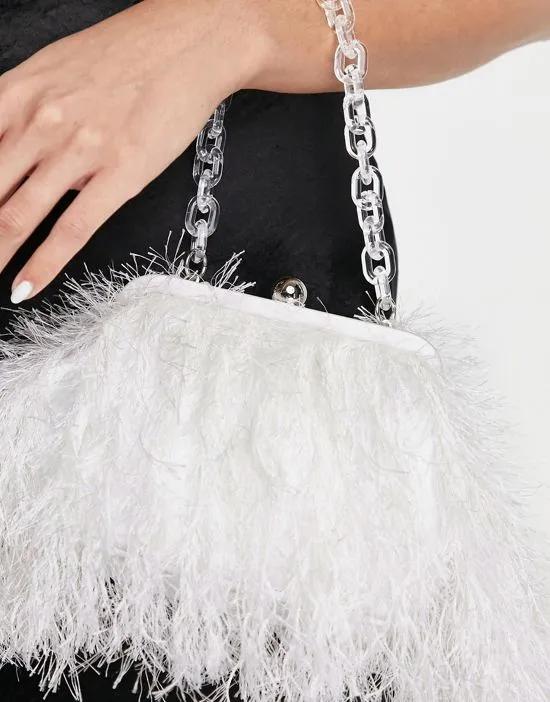faux feather clutch with resin handle in white