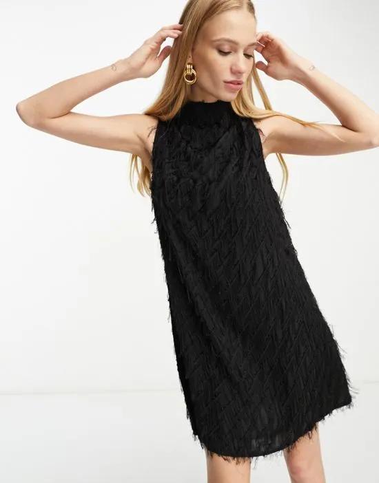 faux feather effect mini dress in black