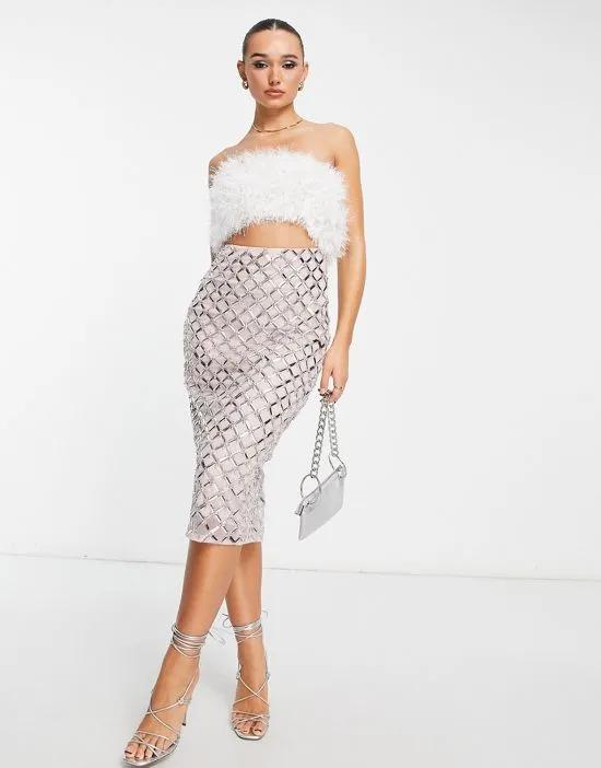 faux feather embellished sequin two in one midi dress in blush