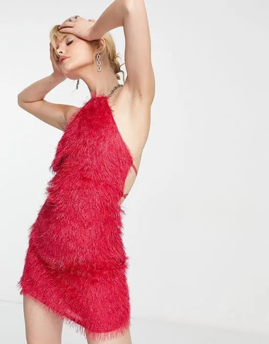 faux feather halter neck mini dress in fuchsia pink