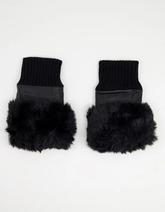 faux fur trim fingerless leather gloves in black