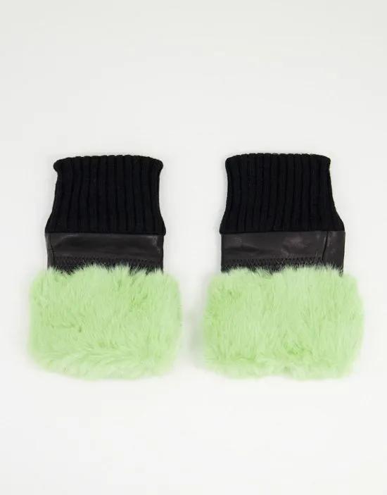 faux fur trim fingerless leather gloves in green