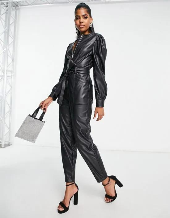 faux leather belted jumpsuit with zip detail in black