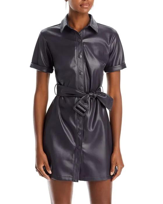 Faux Leather Belted Shirt Dress