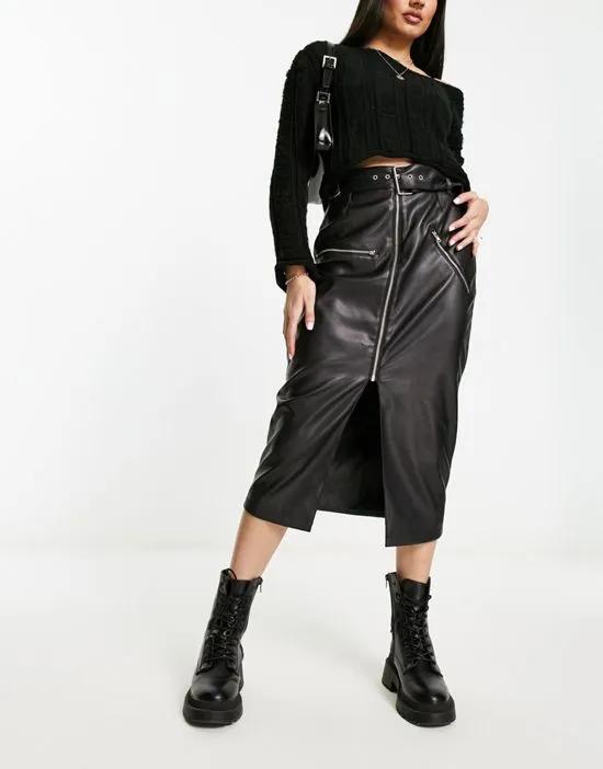 faux leather biker midi skirt with belt in black