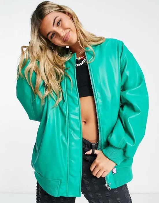 faux leather bomber jacket in green