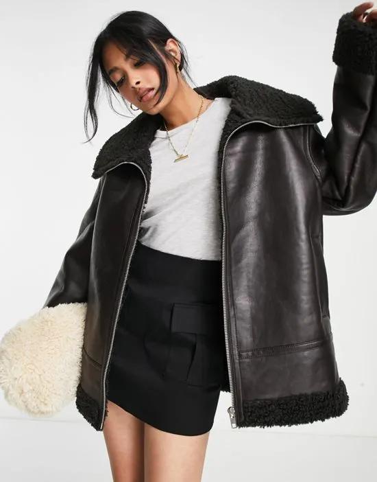 faux leather bonded borg aviator jacket in dark brown