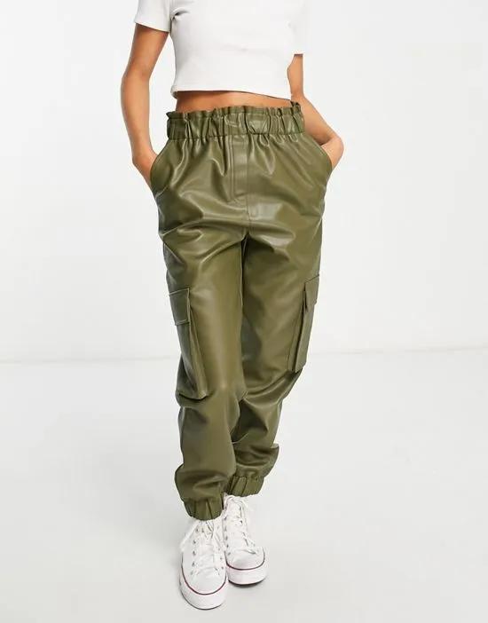 faux leather cargo pants in khaki