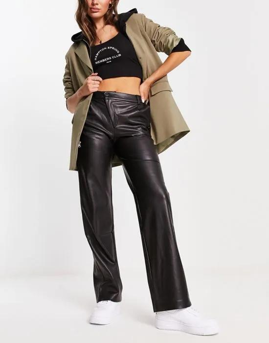 faux leather contrast stitching mid waist straight leg pants in black - part of a set
