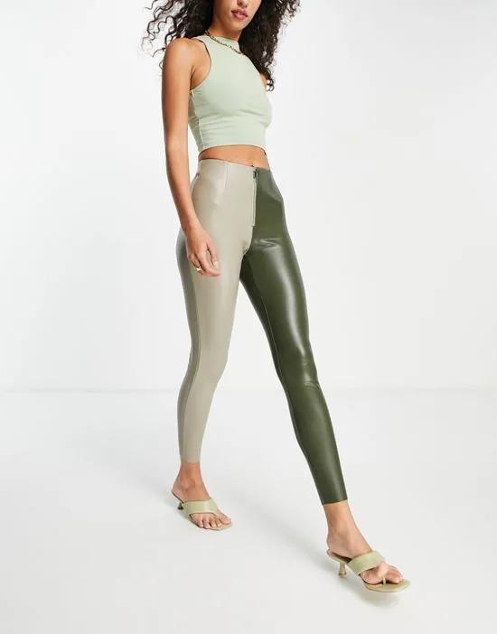 faux leather contrast zip fly legging in sage and khaki