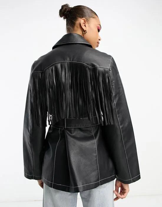 faux leather fringe jacket in black