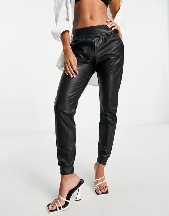 faux leather joggers in black