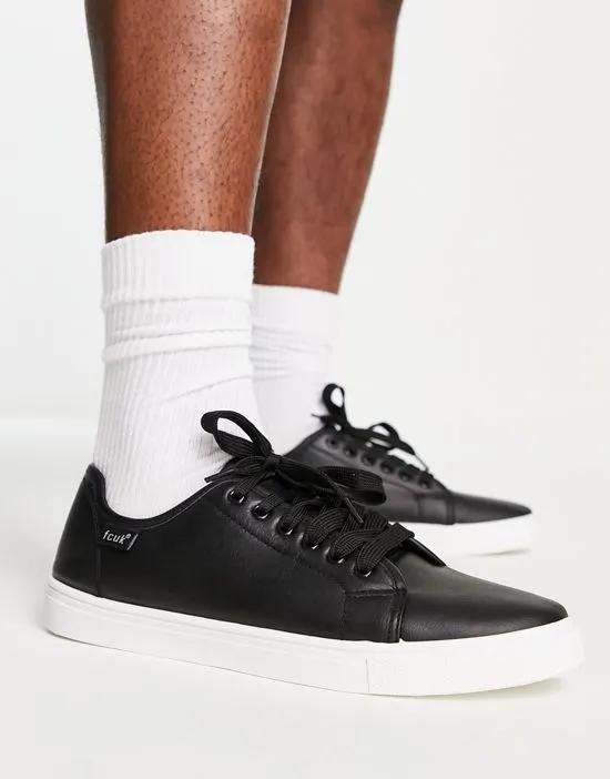 faux leather lace up canvas sneakers in black