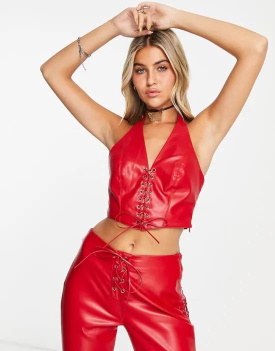 faux leather lace up top in red - part of a set