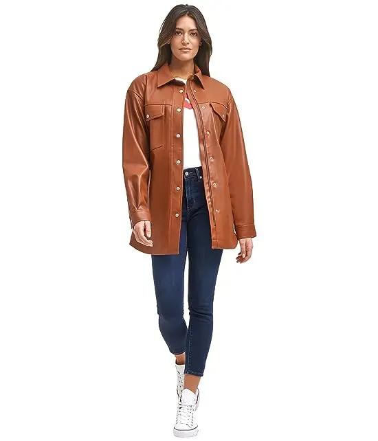 Faux Leather Long Belted Shirt Jacket