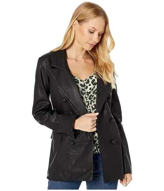 Faux Leather Long Double Breasted Blazer in Carbon