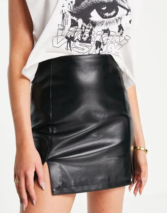 faux leather mini skirt with side slit in black