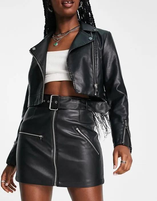 faux leather oto mini skirt with belt in black