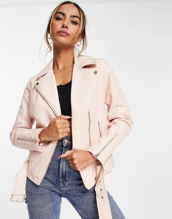 faux leather oversized biker jacket in pink