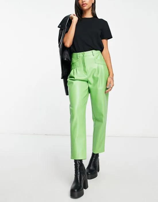 faux leather pleated high waist peg pants in green