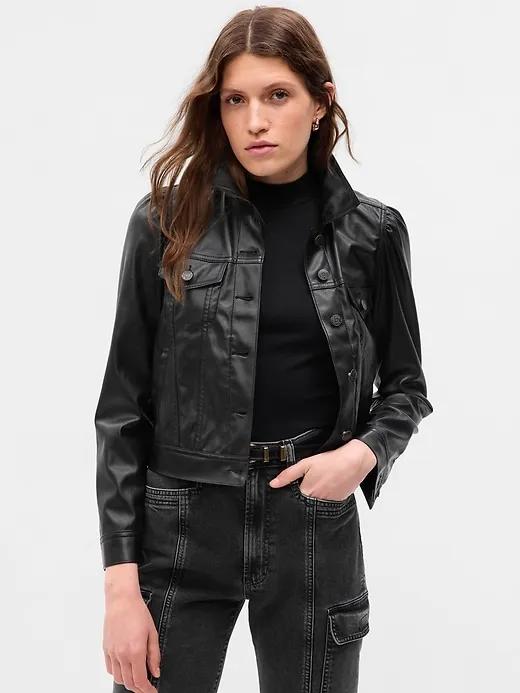 Faux-Leather Puff Sleeve Jacket