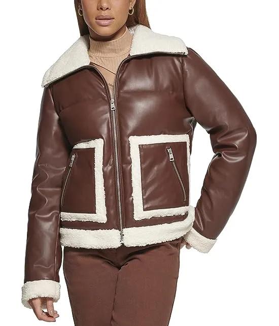 Faux Leather Puffer Jacket with Sherpa