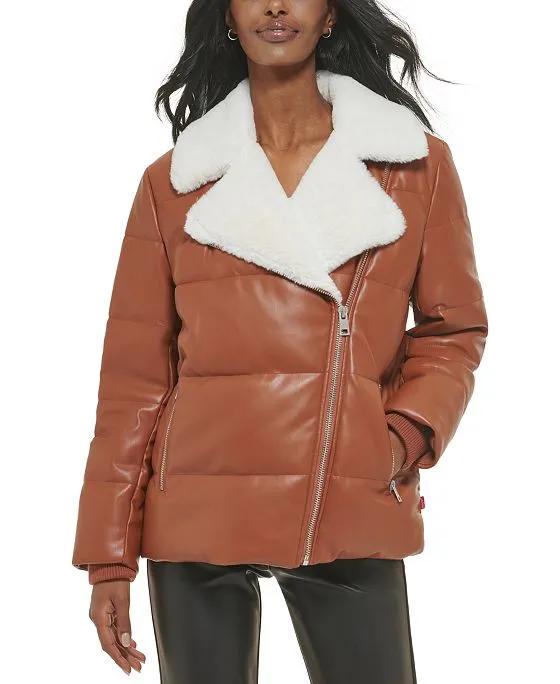 Faux-Leather Puffer Moto Jacket