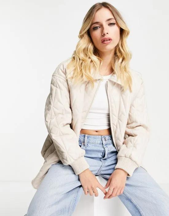 faux leather quilted bomber jacket in cream