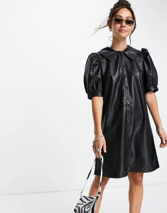 faux leather shirt dress in black