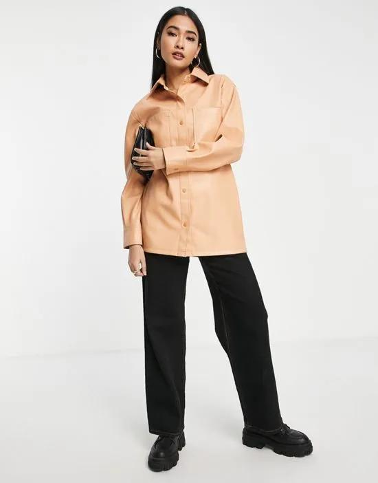 faux leather shirt with front pockets in peach