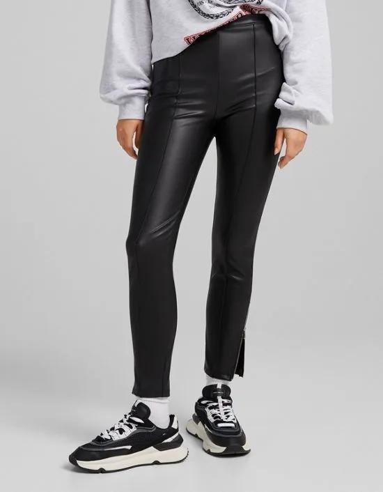 faux leather skinny pant with zip hem in black